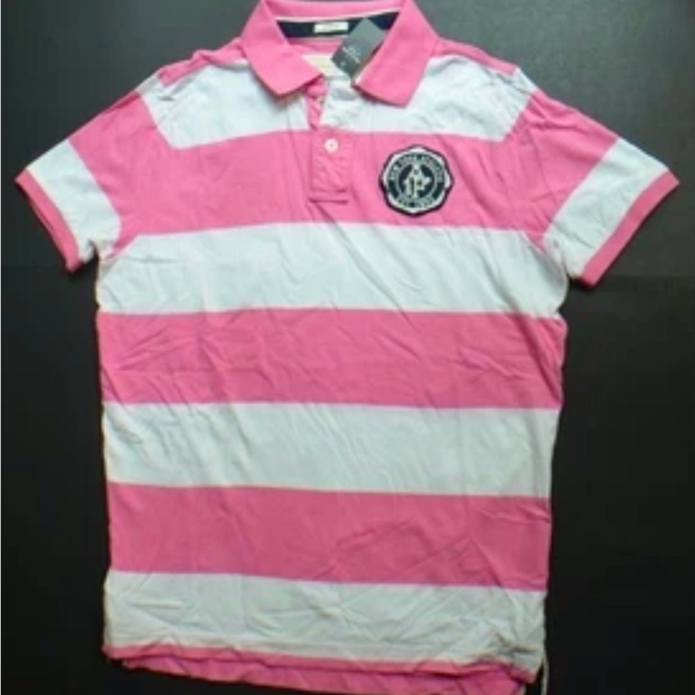 Pink and White Striped men’s Polo Shirt